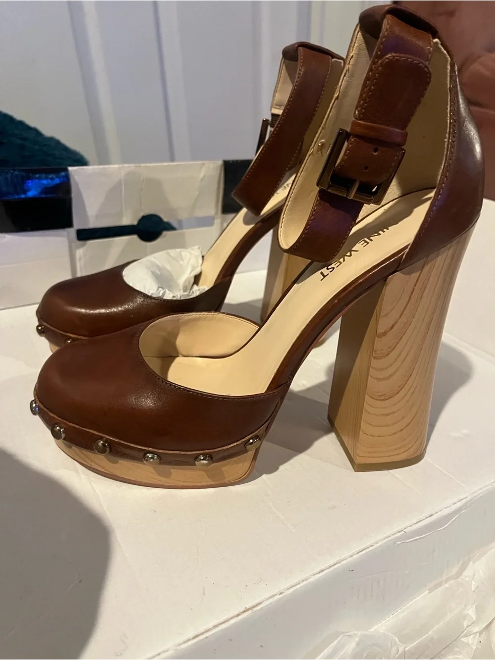 Nine West Brown Leather Ankle-Strap Platform Pump with Wood-Look Heel